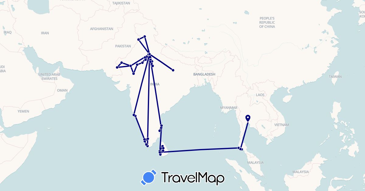 TravelMap itinerary: driving in India, Sri Lanka, Pakistan, Thailand (Asia)
